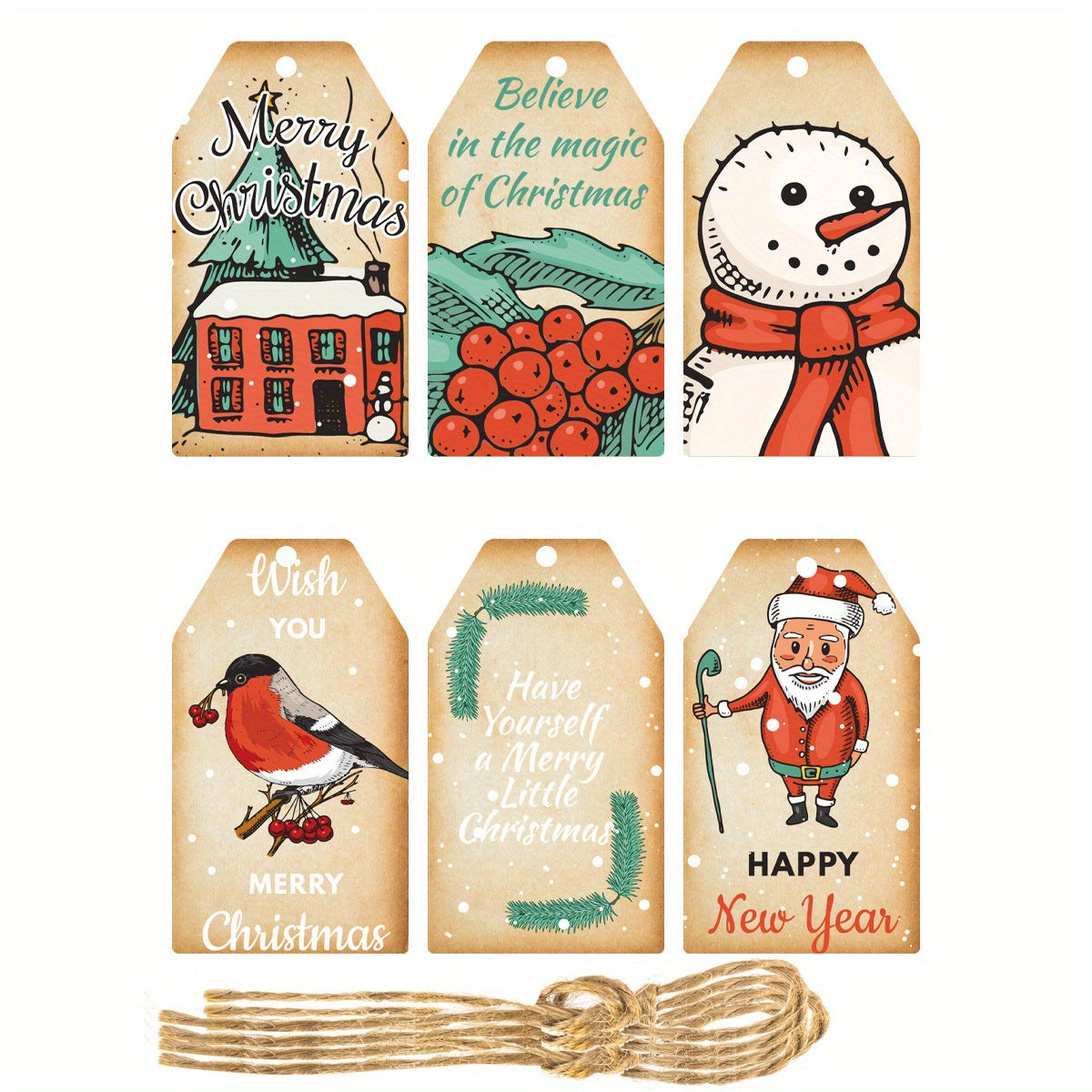 60pcs Christmas Bookmarks & Hanging Tags, 6 Styles, 10pcs Each, 60 Hemp Ropes