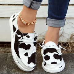 Cow Pattern Low Top Boat Shoes Lace Up Slip On Casual Canvas Shoes