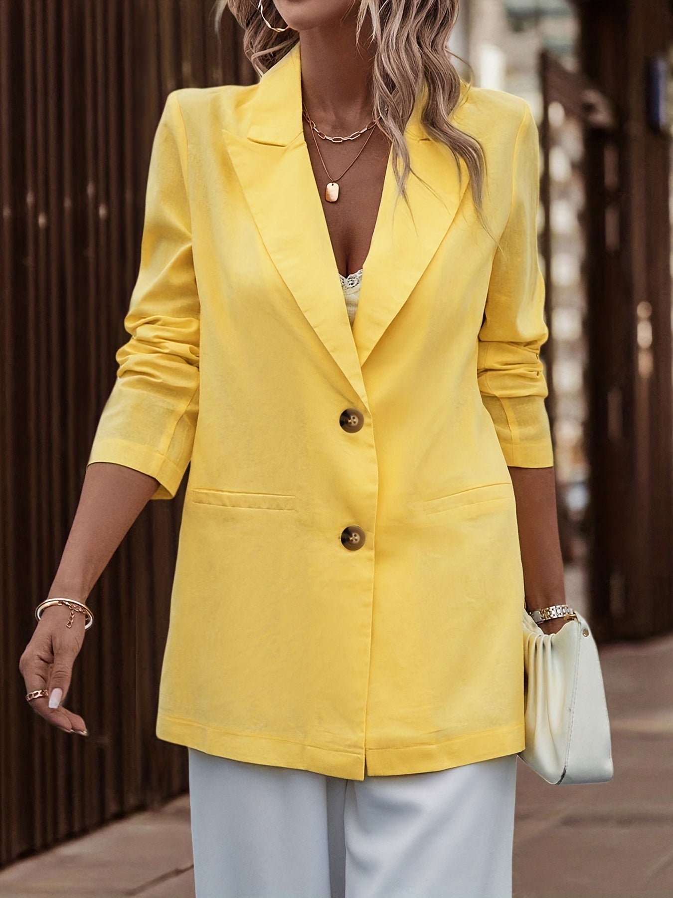 Solid Button Lapel Neck Blazer for Office & Work Women's Clothing