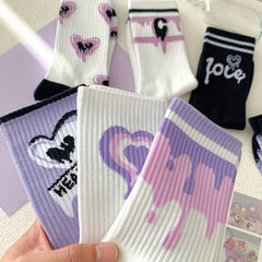 7 Pairs Heart Print Mid Tube Socks Women's Stockings & Hosiery
