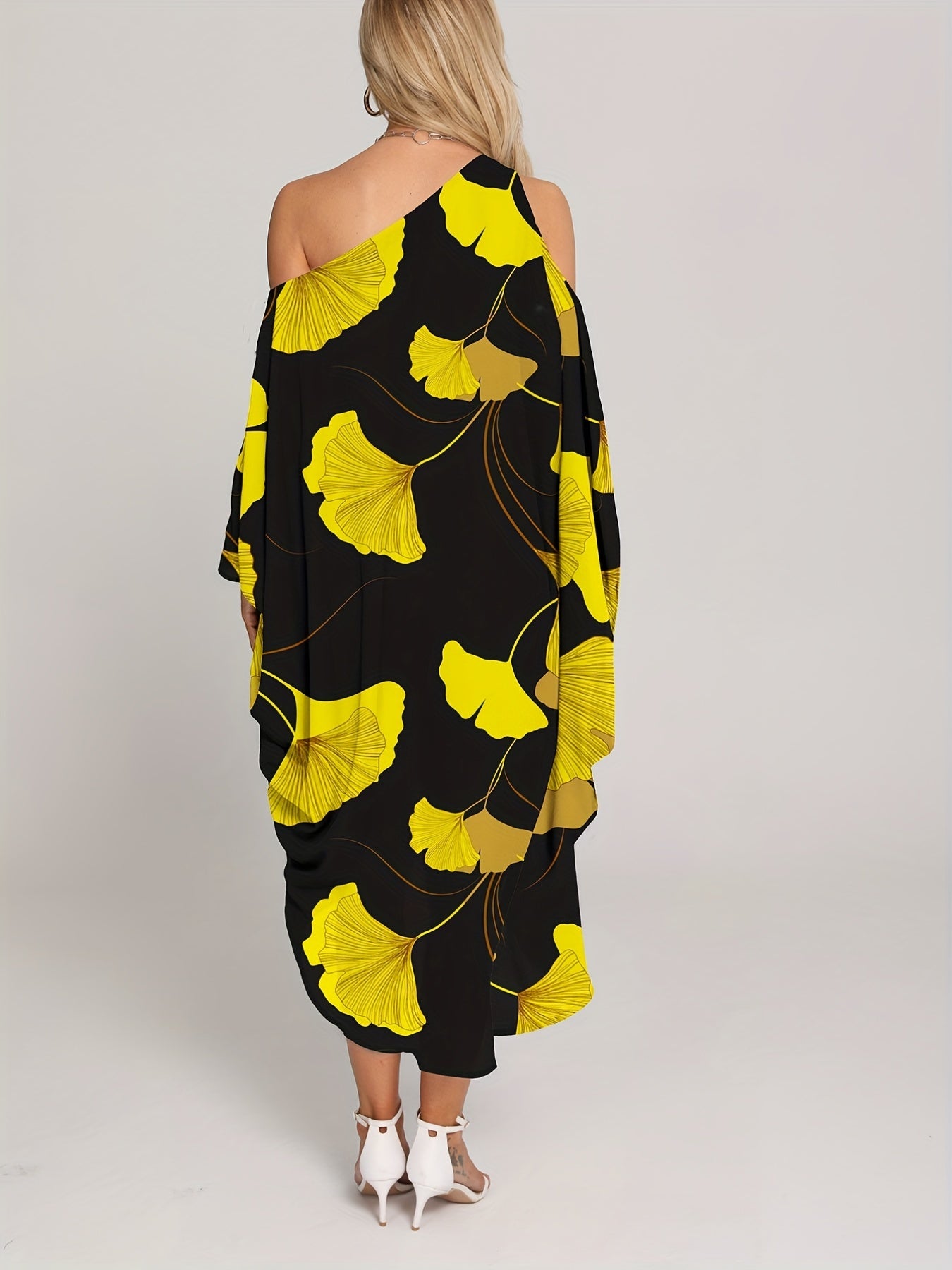 Leaf Print Cover Up Dress Loose Fit One Shoulder Long Sleeves Rash Guard Kaftan