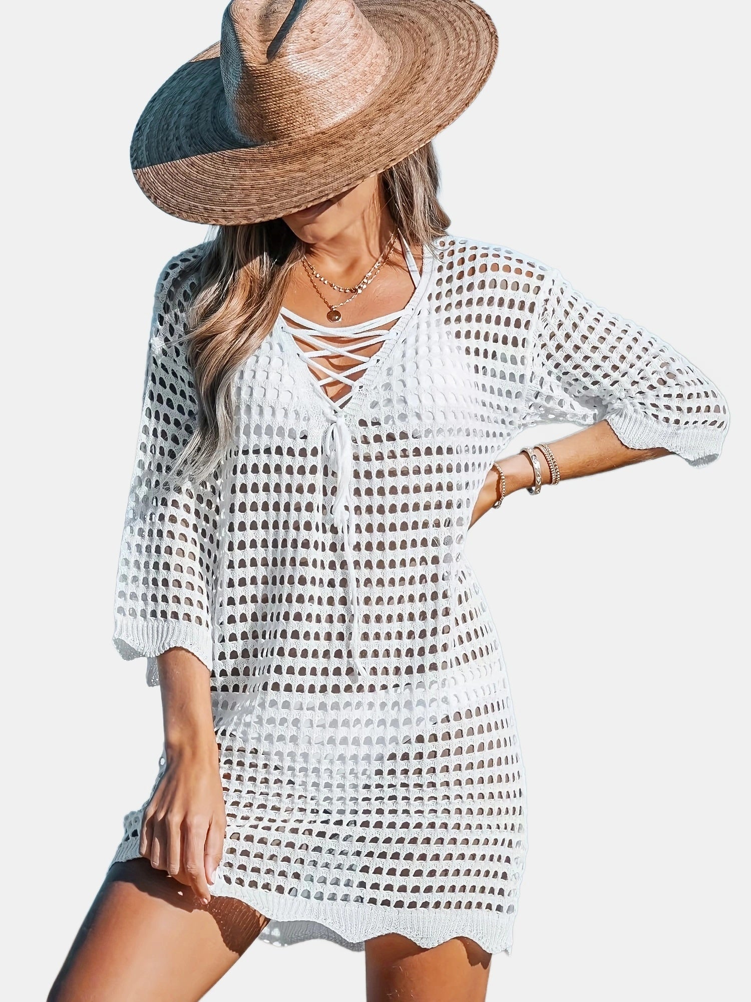 Scallop Trim Criss Cross Cover Up Dress Solid Tie Front 3 4 Sleeve
