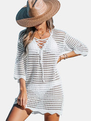 Scallop Trim Criss Cross Cover Up Dress Solid Tie Front 3 4 Sleeve