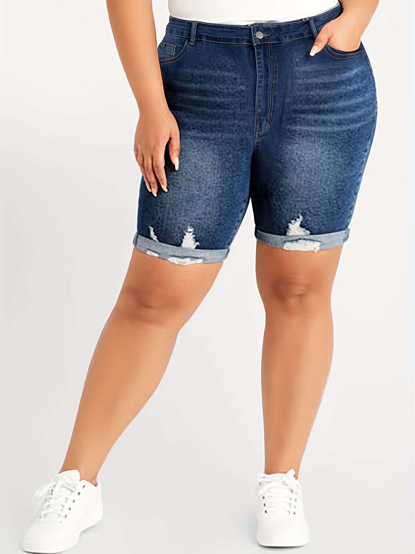 Button Fly Ripped Roll Up Denim Short