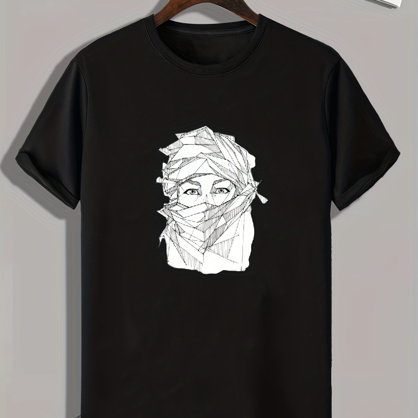 Masked Man Sketch Print Men's Comfy T shirt Active Slightly Stretch