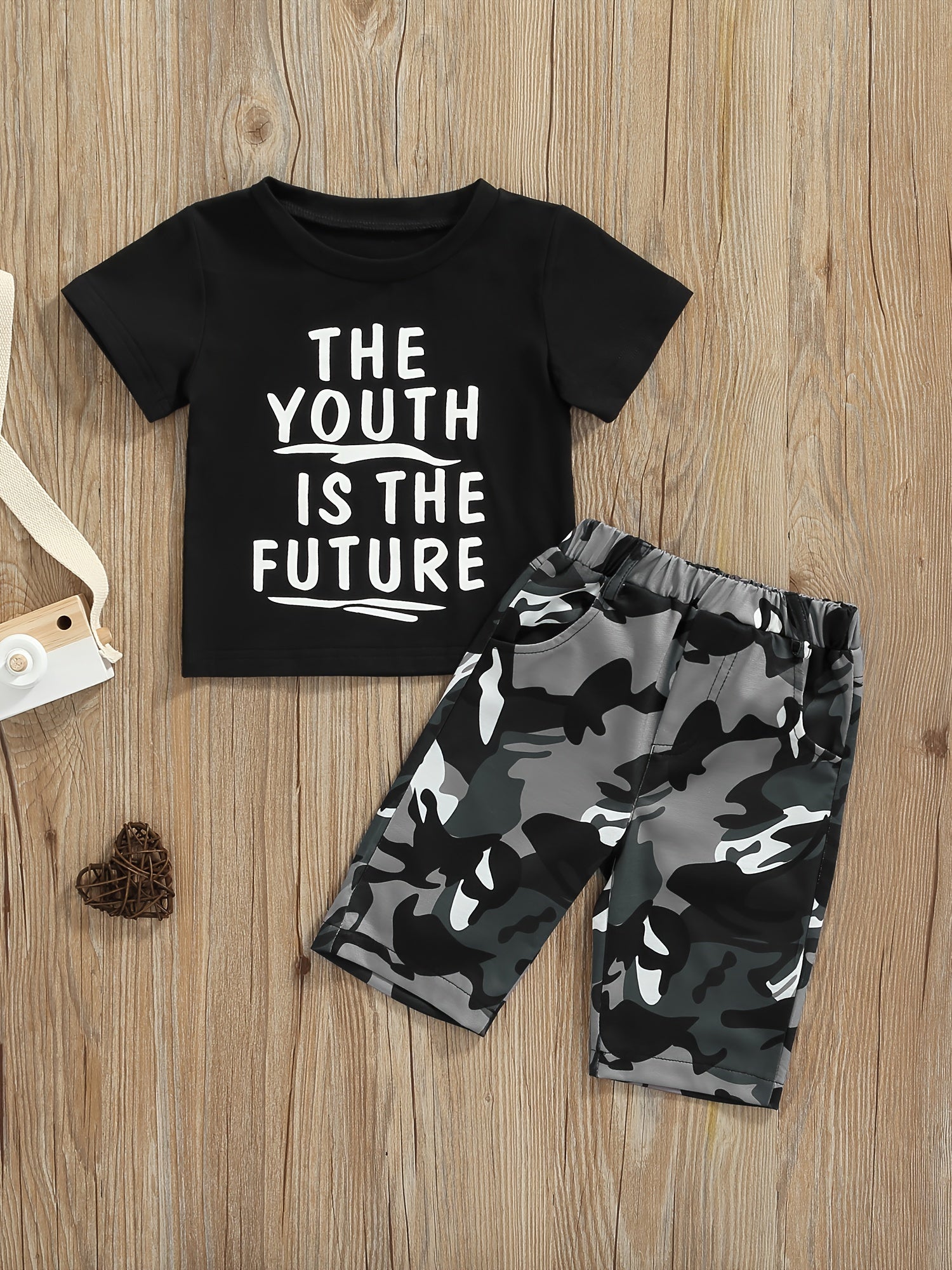 2pcs Baby Boys The Youth Is the Future T-shirt & Camo Shorts Set