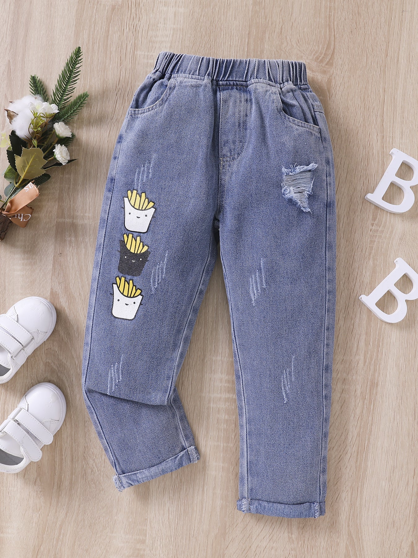 Boys Fries Print Ripped Jeans