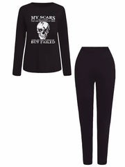 Skull & Letter Print 2pc Set Long Sleeve T-shirt & Leggings Outfit