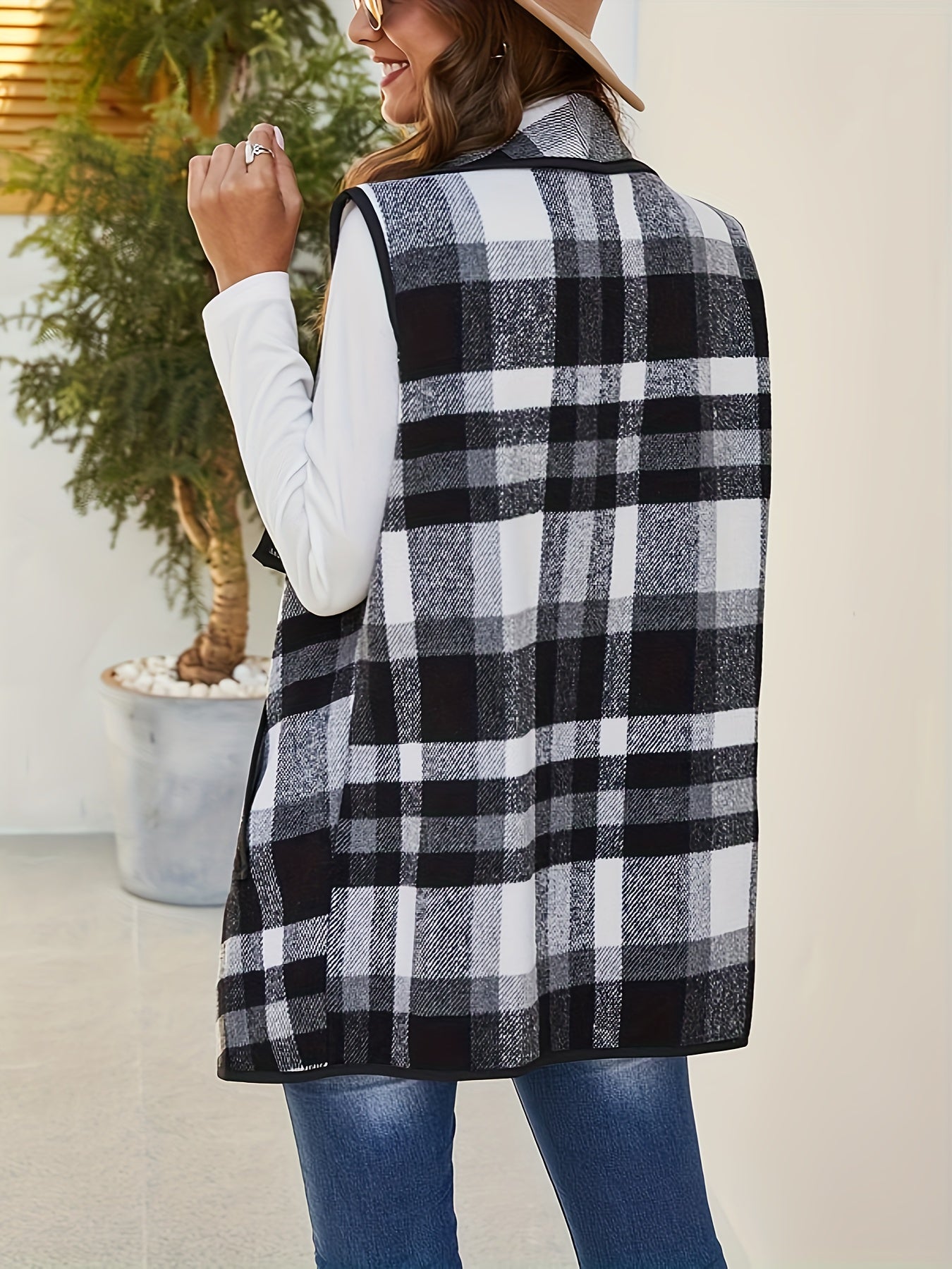 Plaid Print Open Front Vest