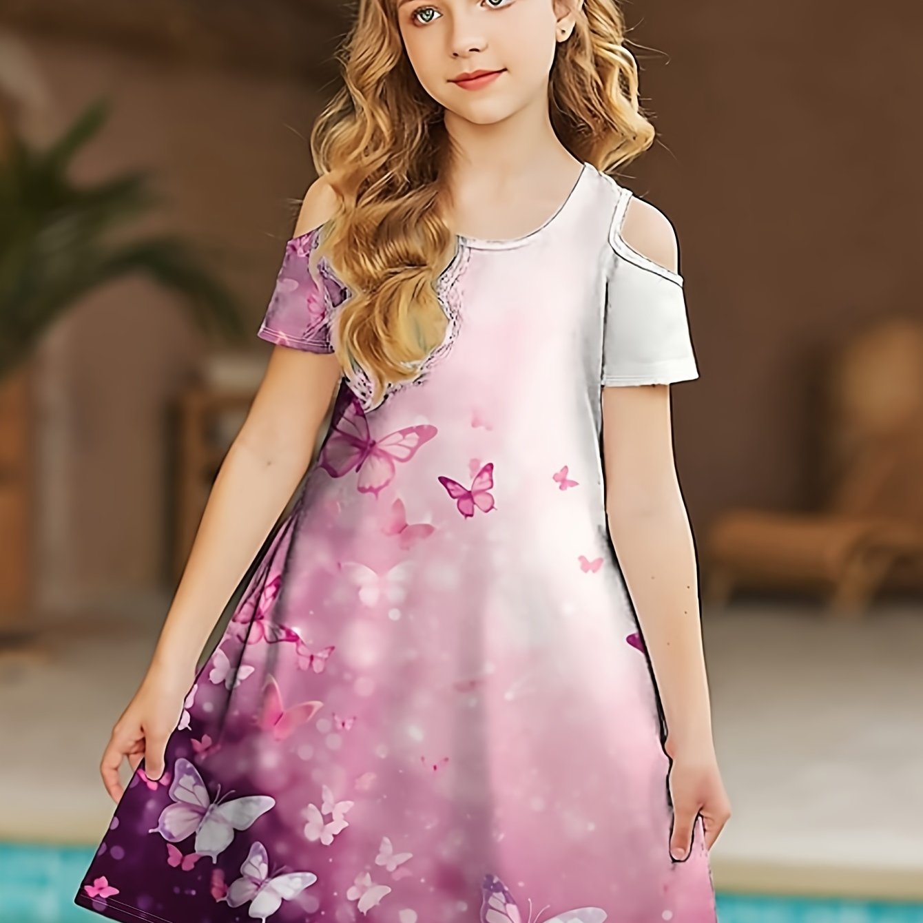 Dreamy Butterfly Graphic Cold Shoulder Short Sleeve Dress Girls Summer Clothes