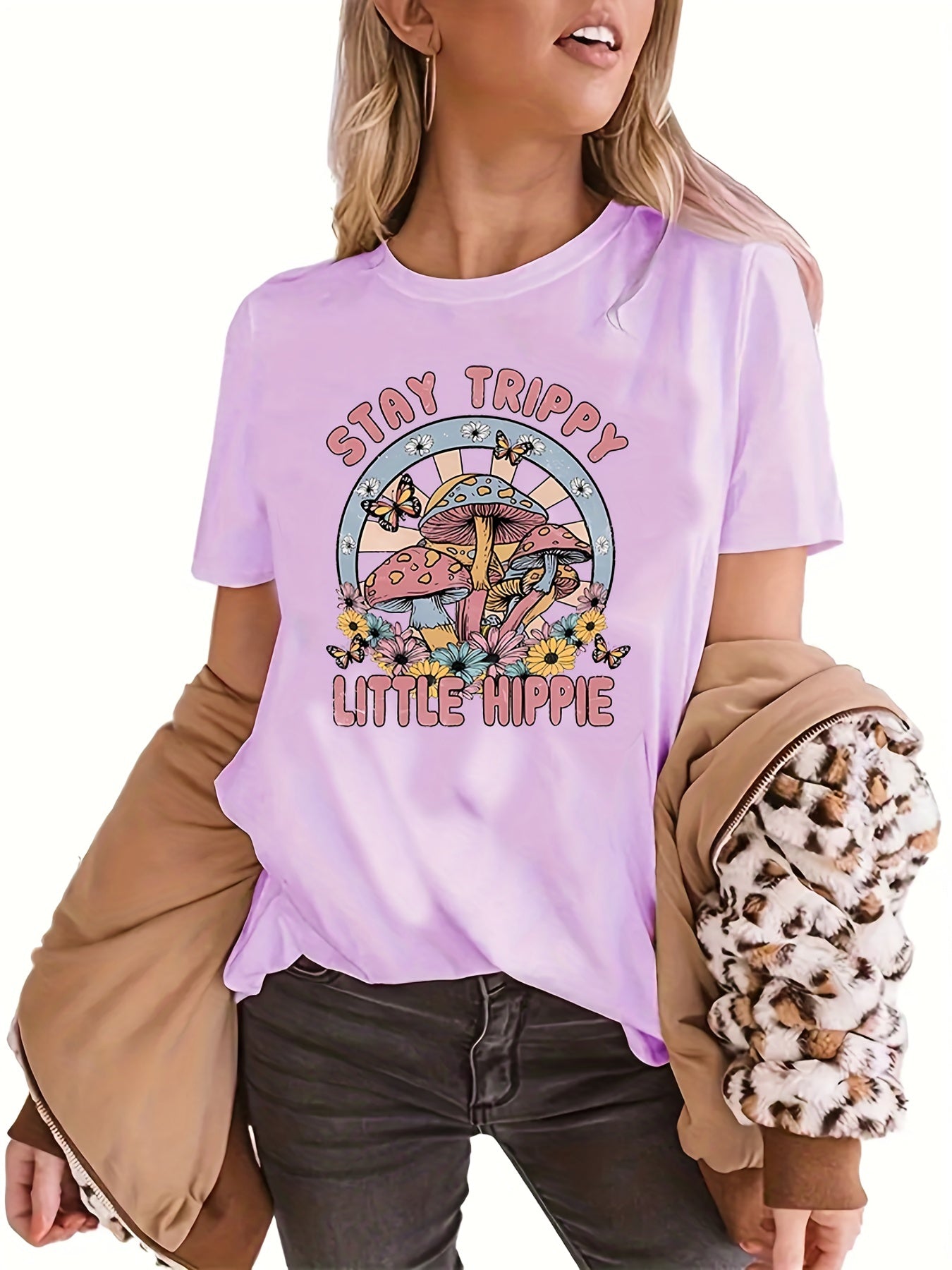 Mushroom Print Short Sleeve T-Shirt for Women