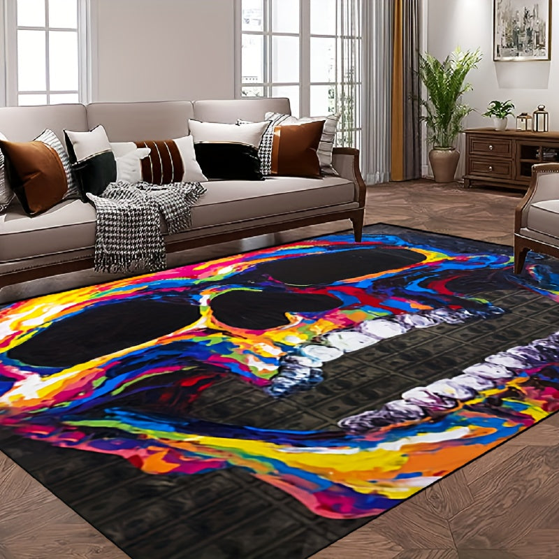 Colored Skeleton Head Area Rug Halloween Theme Floor Carpet Non Slip