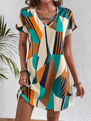 Geo Print Summer Dress Casual Short Sleeve V Neck Mini Dress