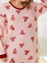 Plus Stripe & Heart Print Long Sleeve Comfort Dress