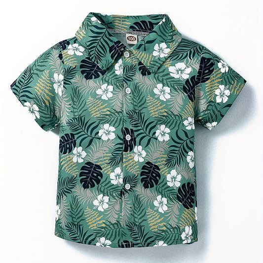 Boys Flower & Leaf Shirt Tops Short Sleeve Button Down Casual Summer