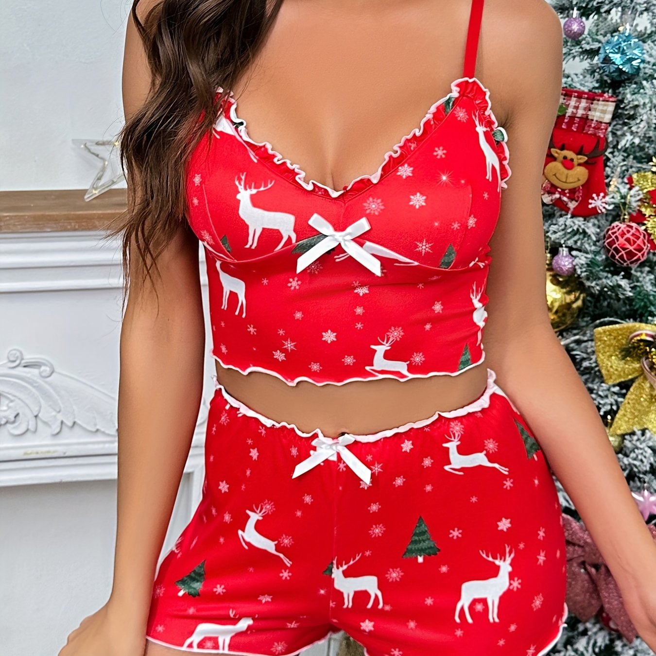 Christmas Elk Print Pajama Set V Neck Cami Top & Elastic Waistband Shorts