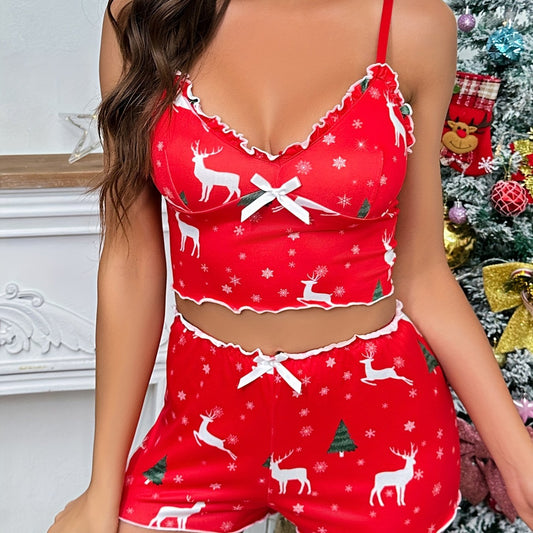 Christmas Elk Print Pajama Set V Neck Cami Top & Elastic Waistband Shorts
