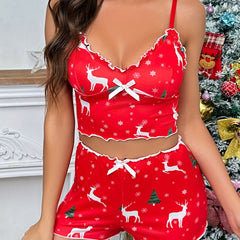 Christmas Elk Print Pajama Set V Neck Cami Top & Elastic Waistband Shorts