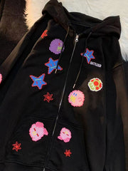 Cartoon Print Loose Thin Cardigan Zipper Sweatshirt