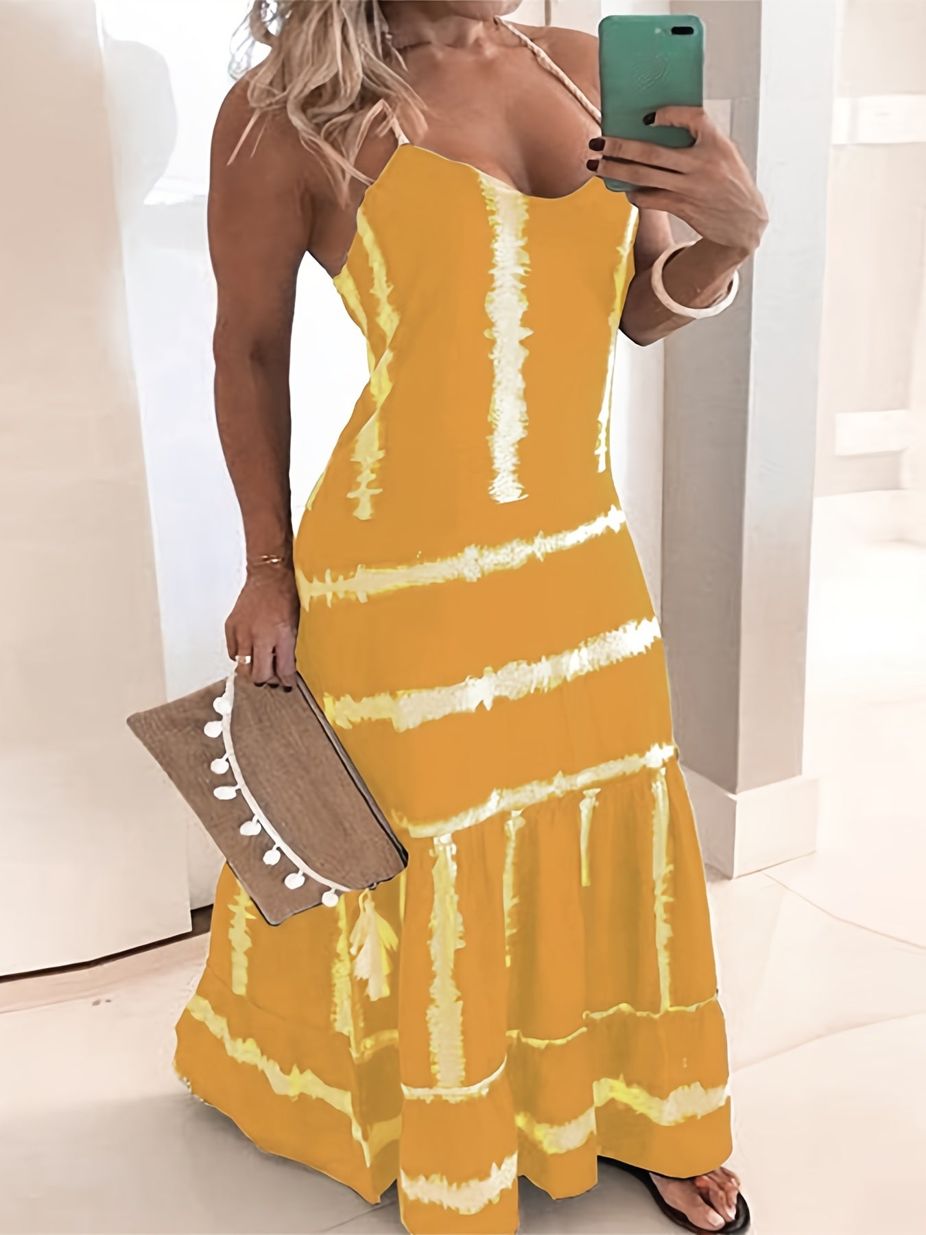 Plus Size Tie Dye V Neck Maxi Dress Women's Plus Stretch Sexy Long Dress