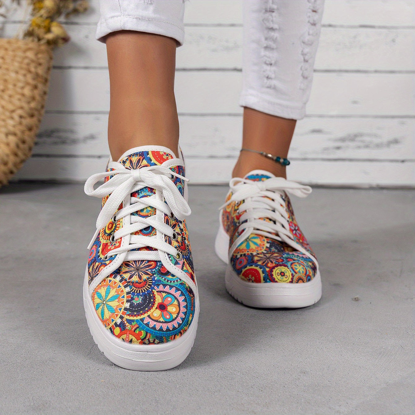 Women's Colorful Print Canvas Sneakers Lace Up Low Top Flat Shoes