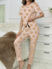 Bear Print Pajama Set Short Sleeve Top & Pants