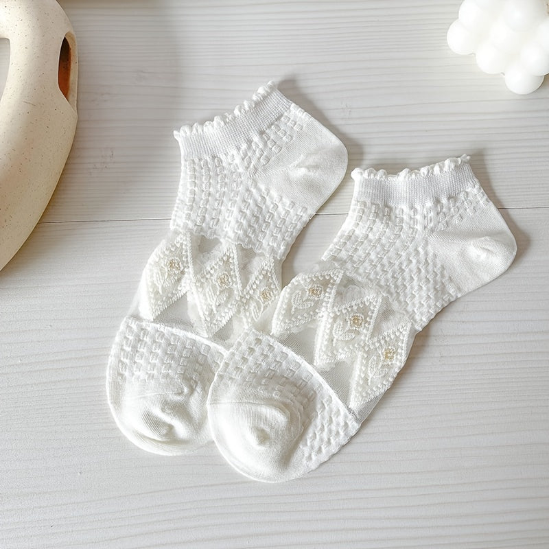 5 Pairs Mesh Floral Ruffle Ankle Socks for Women Breathable & Stylish