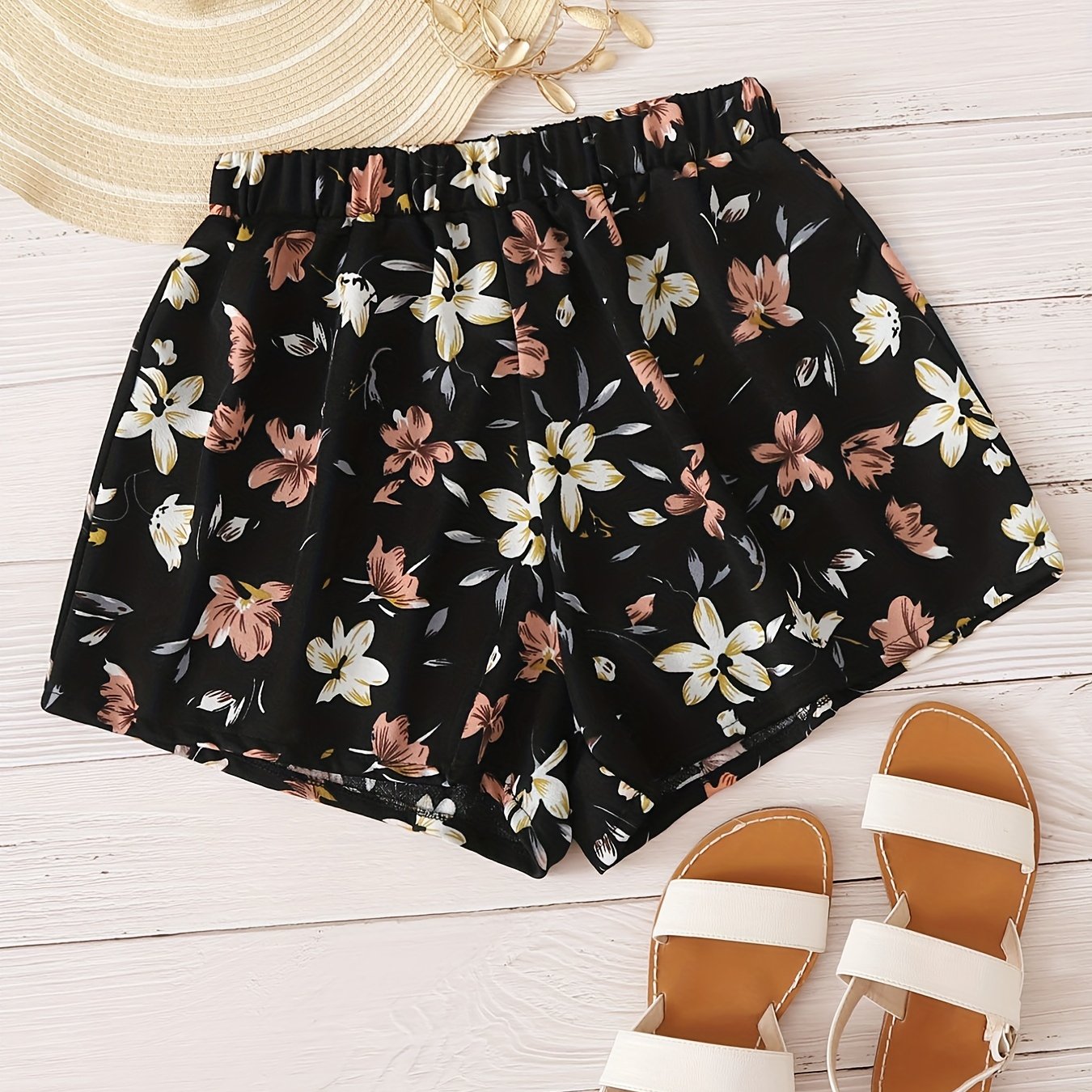 Floral Print Elastic Waist Shorts Boho Shorts For Spring & Summer Women's