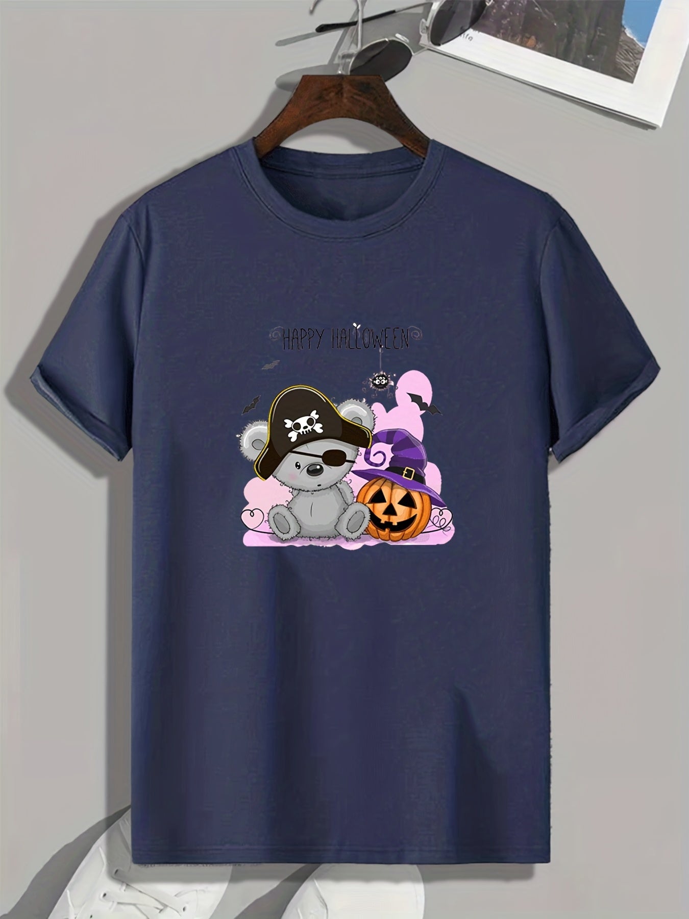 Men's Halloween Letter Print T-shirt, Stretch Crew Neck