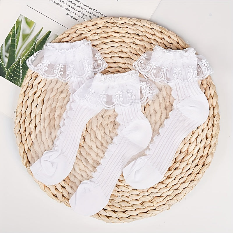 3 Pairs of Mid-tube Lace Cotton Girl's Socks