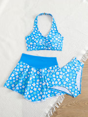 3pcs Girl's Floral Top & Skirt & Bikini Swimsuit Set Kids Beach Clothes
