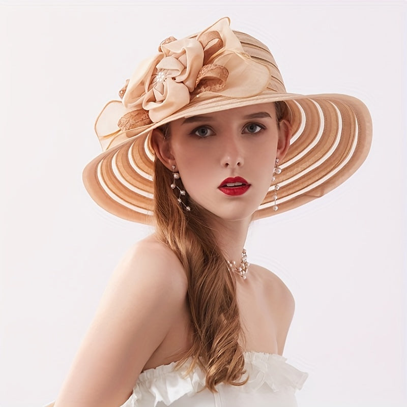 Striped Sun Hat Lace Flower Decor Organza Travel Beach Hats