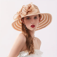 Striped Sun Hat Flower Decor Organza Church Derby Hats