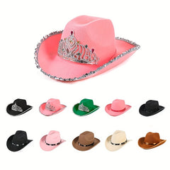 Y2K Western Cowgirl Cowboy Hat Rhinestone Crown Jazz Fedora Cap