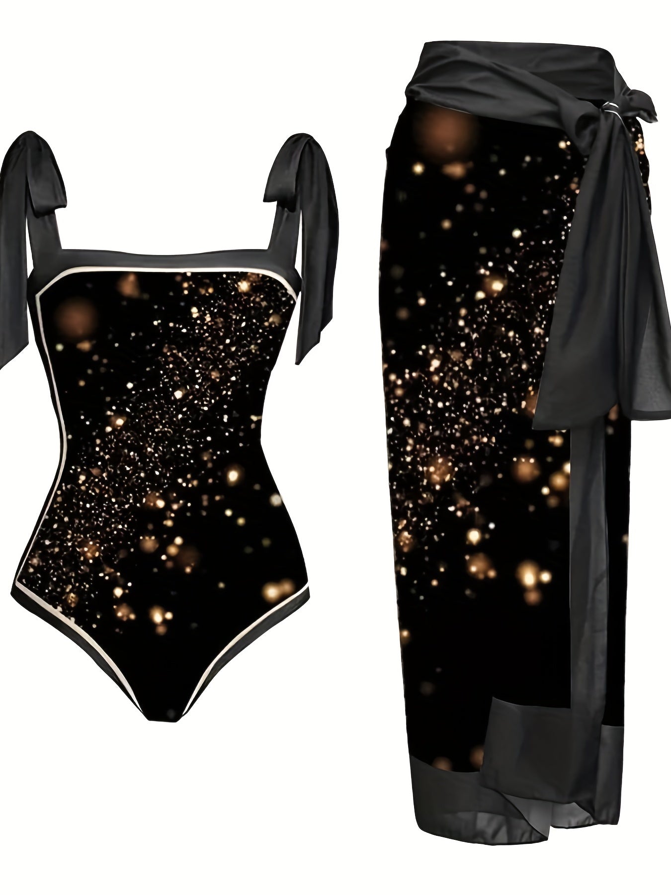 Glitter Star Print One Piece Bathing Suit & Sarong Cover Up Set