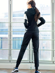 2pcs Block Causal Sports Set Hooded Jacket & Pants Women's Activewear