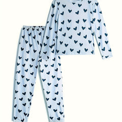 Heart Print Lounge Set Long Sleeve Top & Pants Women's Loungewear