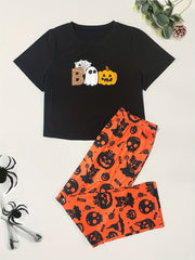 Halloween Gothic Pajama Set Women's Pumpkin & Ghost Print Tee & Pants
