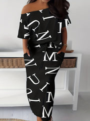 Letter Print 2pc Set Cold Shoulder Top & Drawstring Skirt Outfits