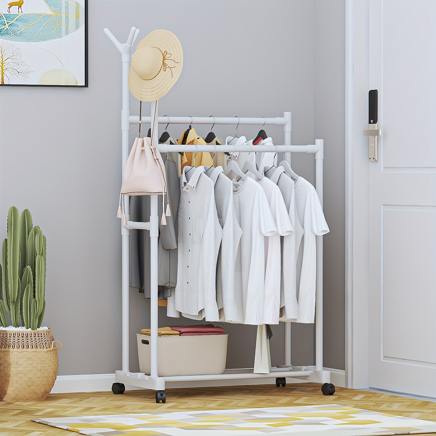 Double pole Coat Rack With Pulley 2 layer Clothes Rack Floor standing Coat Rack