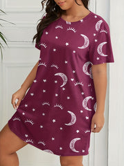 Eyelash & Moon Print Nightdress Short Sleeve Round Neck Sleep Dress