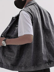 Men's Denim Vest Casual Street Style Big Pockets Turn-Down Collar Waistcoat