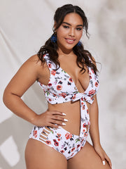 Floral Halter Neck Knot Front Bikini Set Women's Plus Size Two Piece Swimsuit