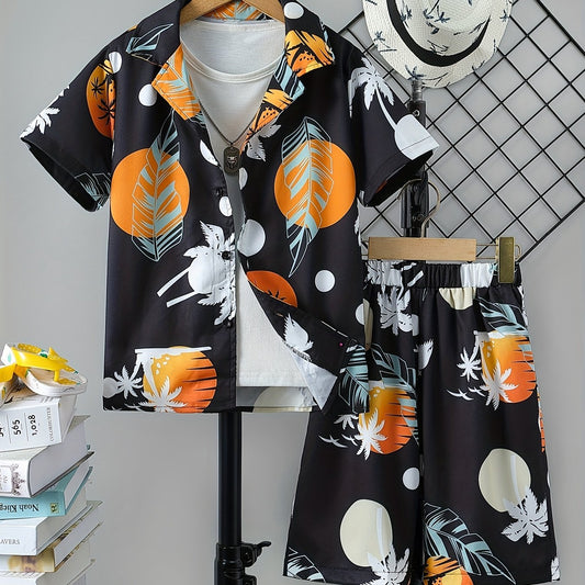 Boys Hawaiian Shirt & Shorts Set Tropical Plant Print Beach Wear Kids Summer