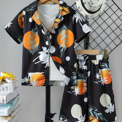 Boys Hawaiian Shirt & Shorts Set Tropical Plant Print Beach Wear Kids Summer