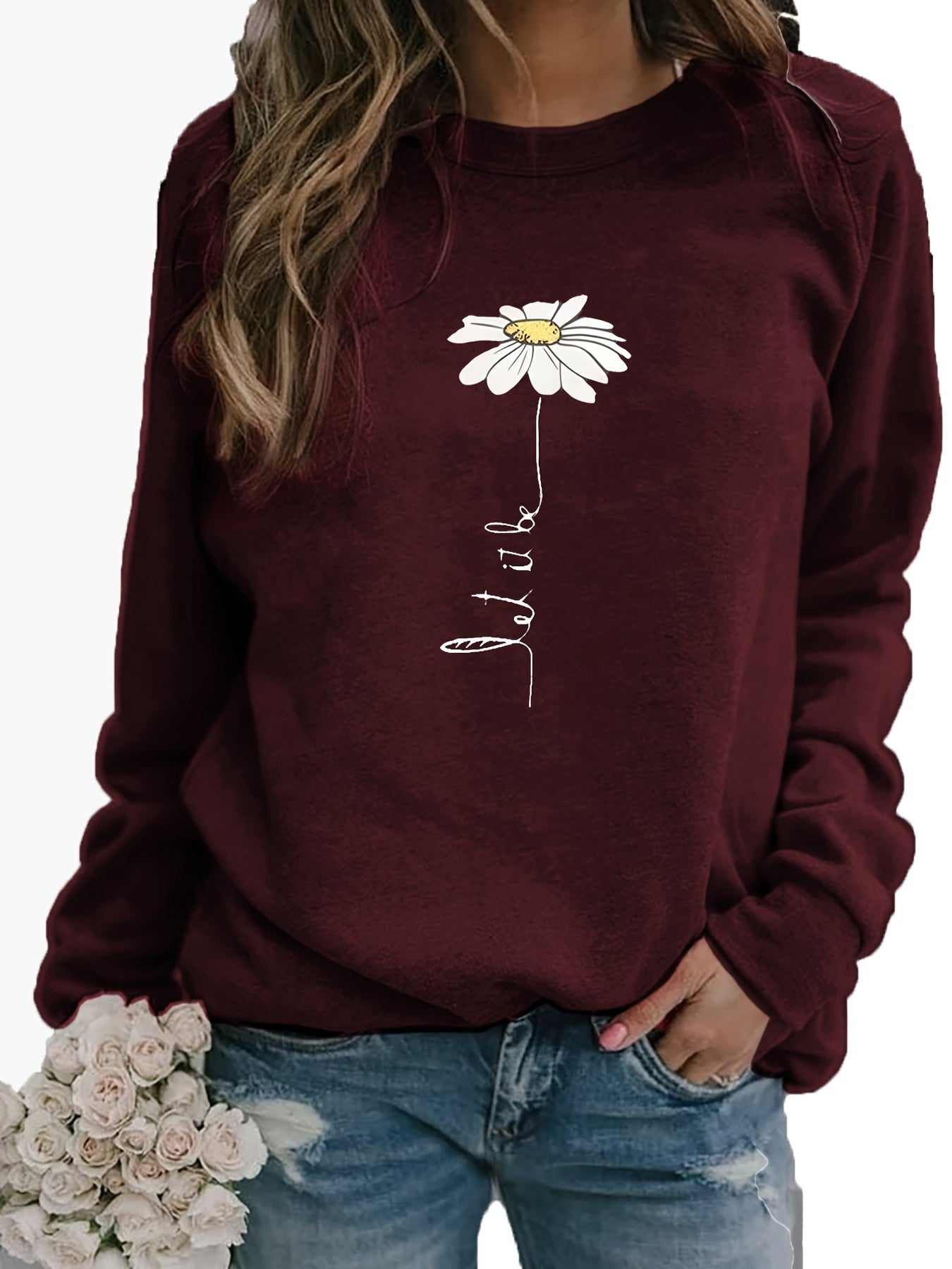 Daisy Print Crew Neck Sweatshirt for Fall & Winter
