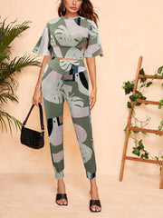 Leaf Print Two Piece Set Crop Top & Pants Outfit
