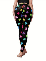 Colorful Clover Print High Rise Skinny Leggings