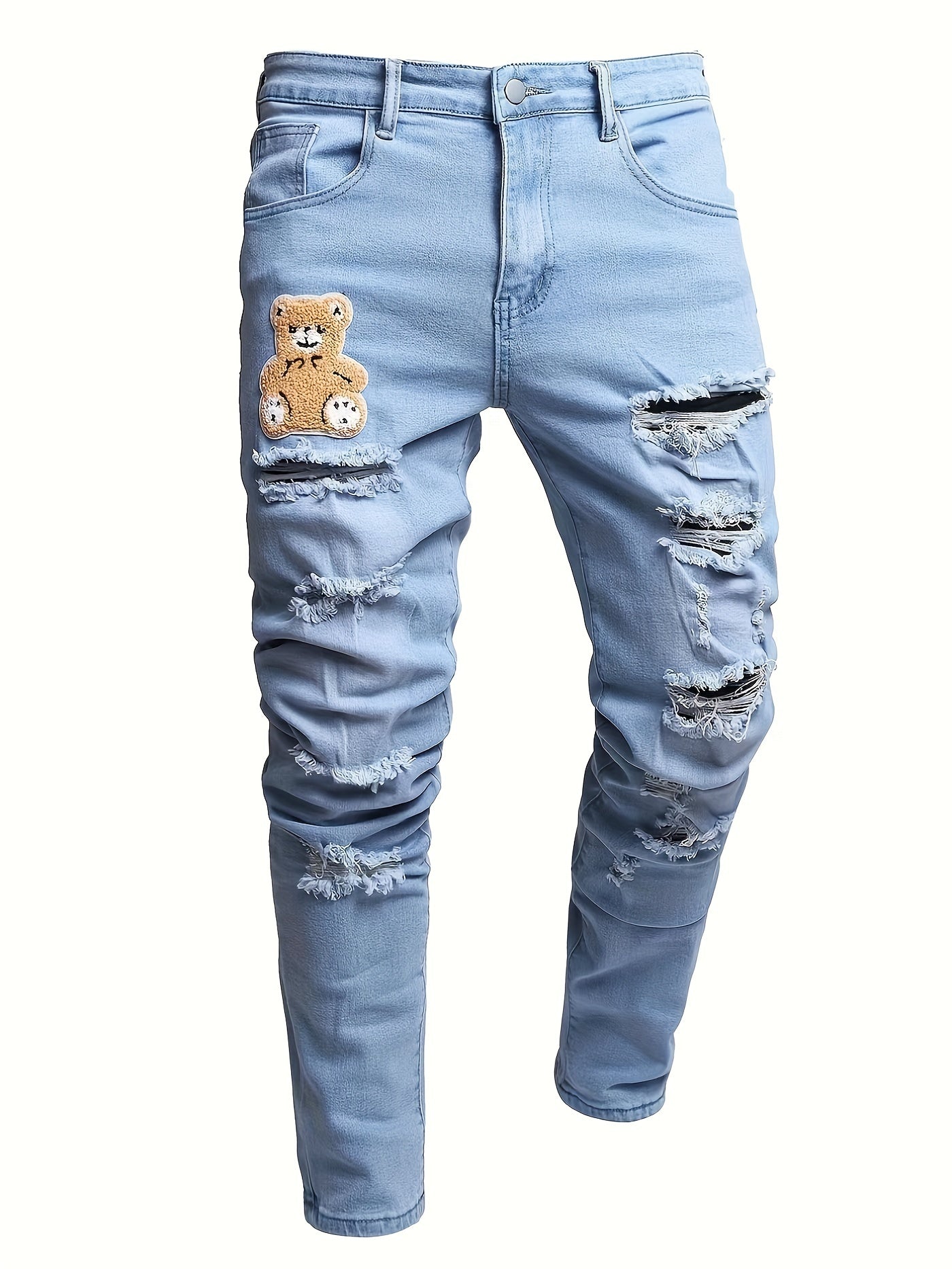 Slim Fit Toy Bear Ripped Jeans Men's Casual Denim Pants