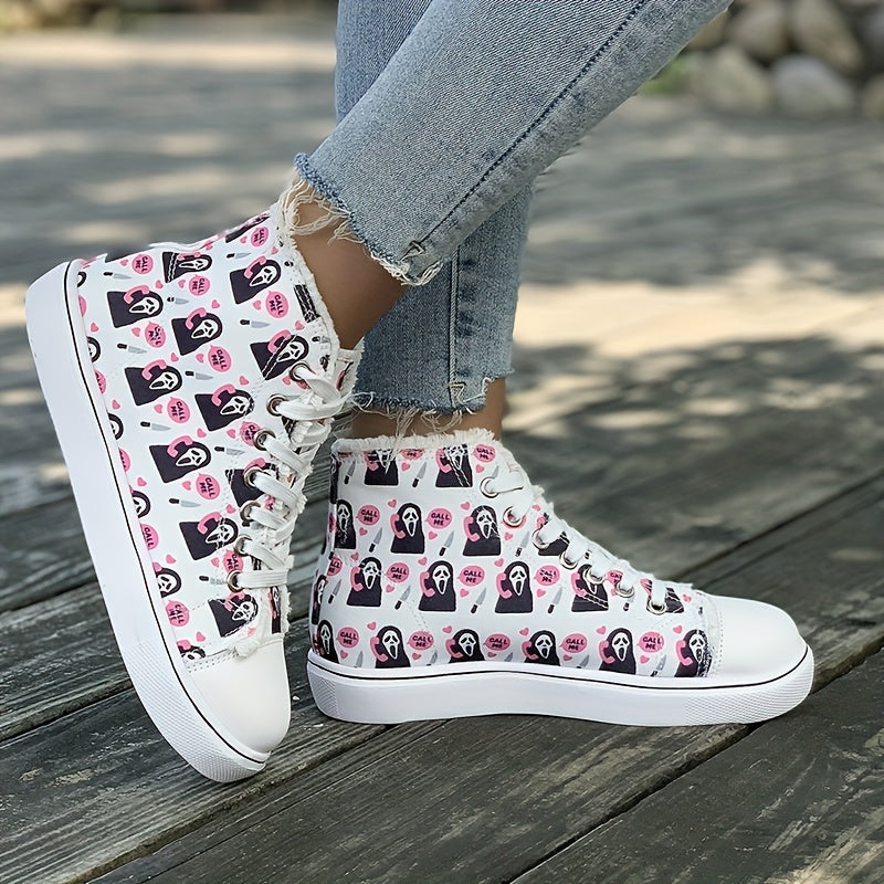 Women's Ghost Pattern Canvas Sneakers Lace Up High Top Trainers